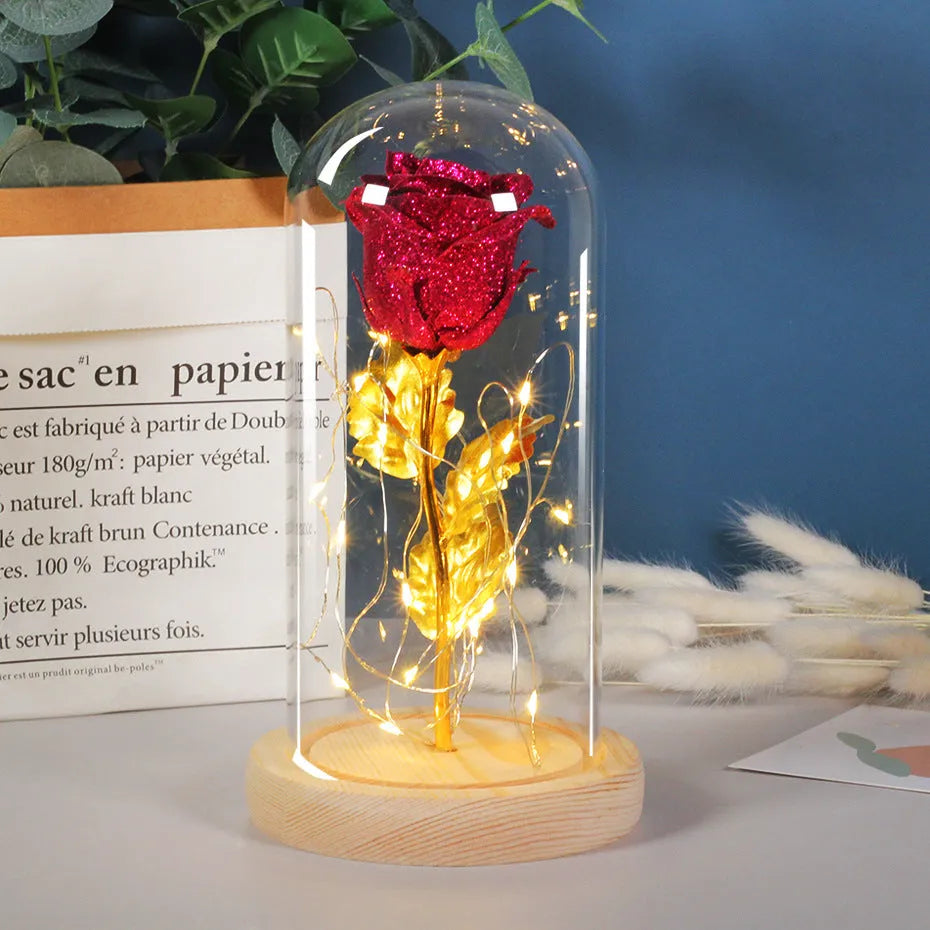 Eternal rose in glass cover with warm white LED strip light, six colour options, Valentines gift