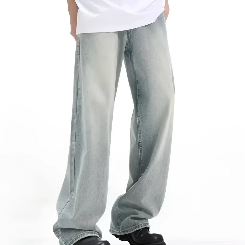 Blue retro-style loose casual trousers made of rabbit fur fabric on a hanger.