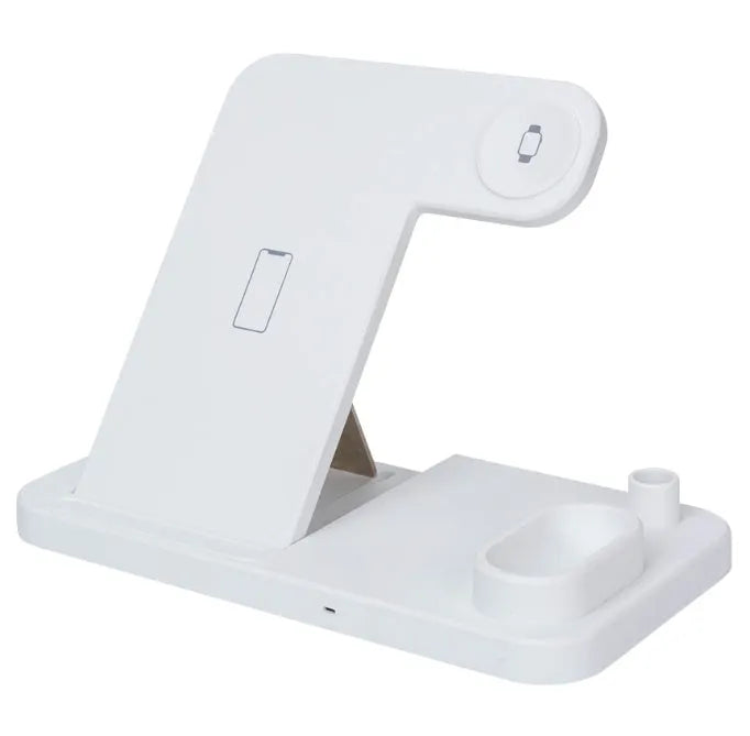 Foldable 4-in-1 wireless charging station for iPhone, Apple Watch, AirPods and Apple Pencil on a desk