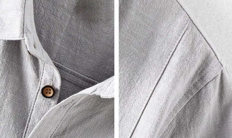Men's loose fit cotton linen casual shirt in solid colours including milky white, navy blue, light grey and sky blue