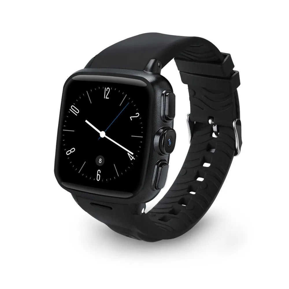 Android smart watch with touchscreen display showing interface, available in black and white colours