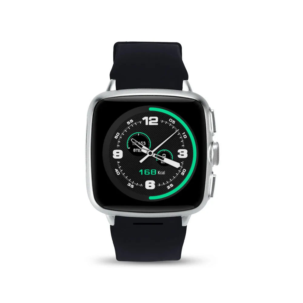 Android smart watch with touchscreen display showing interface, available in black and white colours