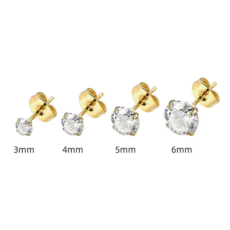 A pair of simple geometric stud earrings made from stainless steel with a zircon stone.