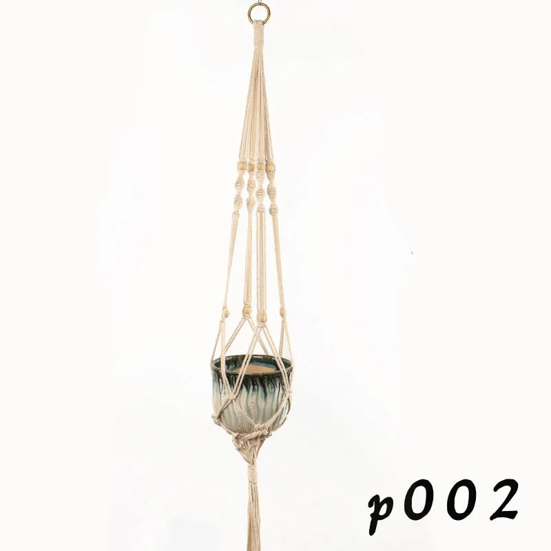 Woven natural cotton rope plant hanger showing desktop and wall hanging styles.
