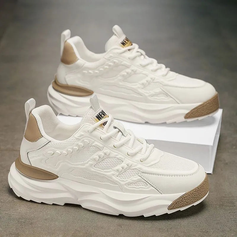 Men's white and black breathable mesh trainers with round toe design shown in sizes 39-44