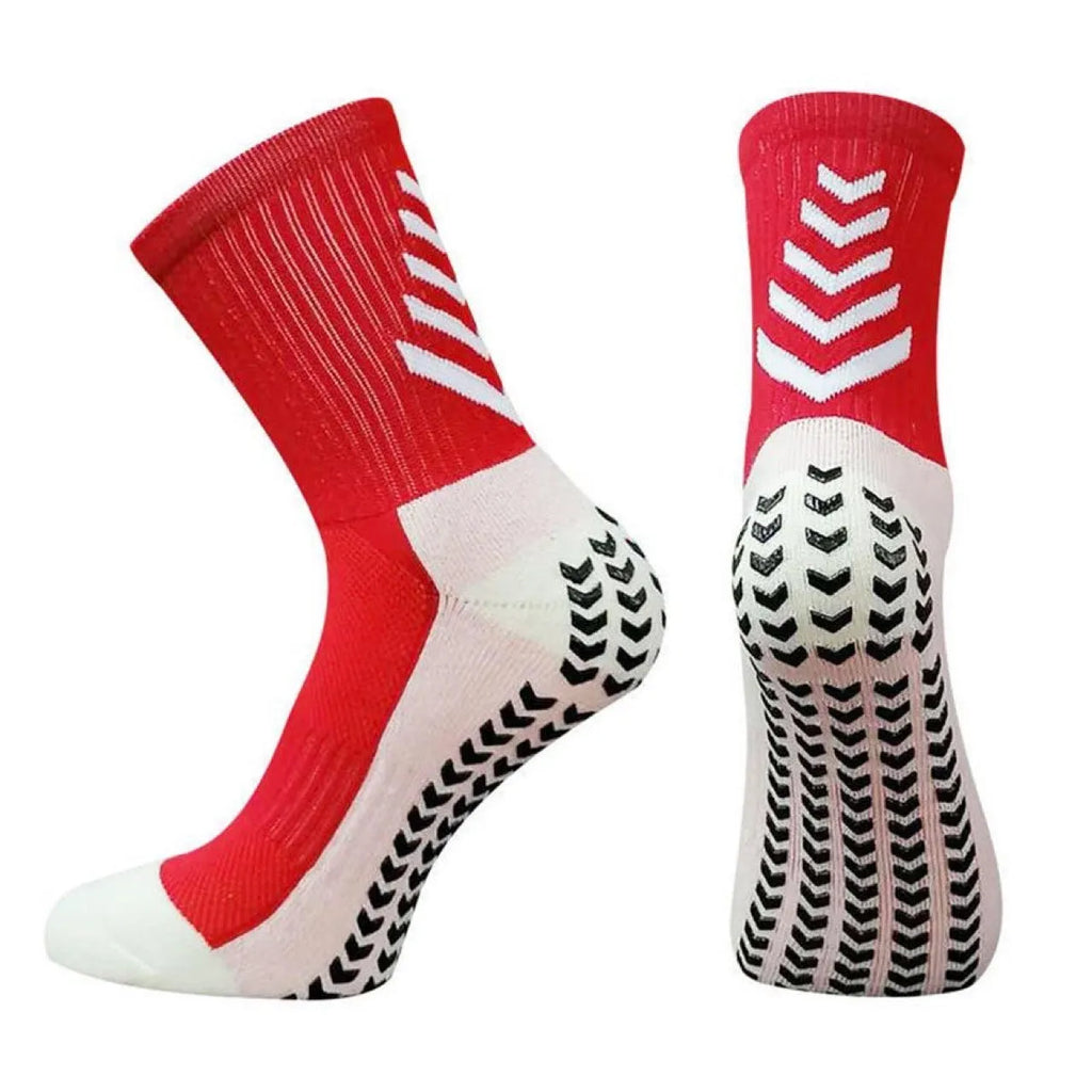 Men's athletic mid-calf socks with geometric pattern and silicone grip dots on sole.