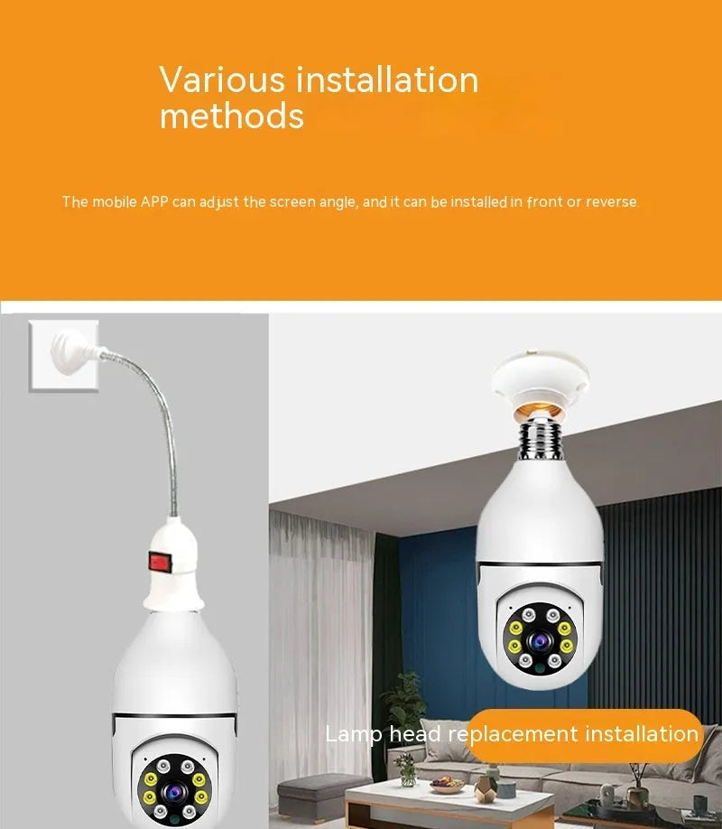 Wireless bulb security camera with compact 5cm by 12cm size and dual-band connectivity for indoor outdoor use