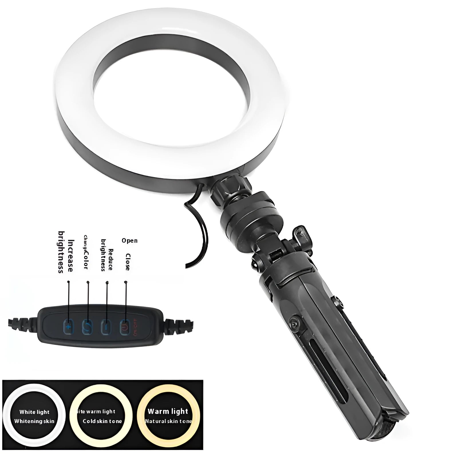 Desktop tripod suit with mobile bracket and colour adjustable fill light for live streaming, black colour