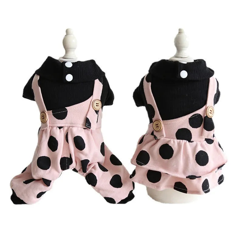 Dog couple clothing outfits in skirt and four-legged styles showing size options from XS to XL