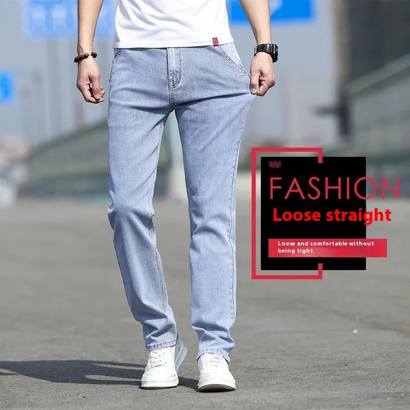 Men's smoky gray straight leg jeans with low waist and high elasticity rabbit fur blend fabric