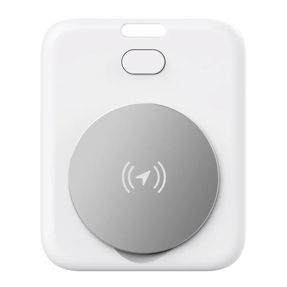 White ABS anti-lost locator pet tracking device for Apple users with alarm function on blue background