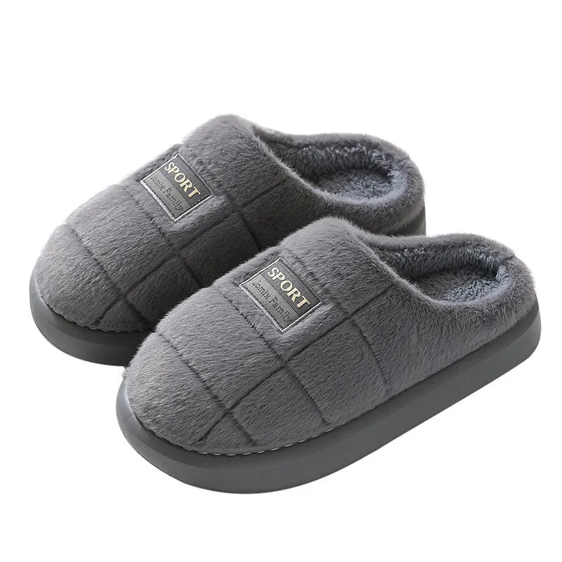 Men's grey and brown plaid pattern slippers with rabbit hair trim and a thick EVA sole.