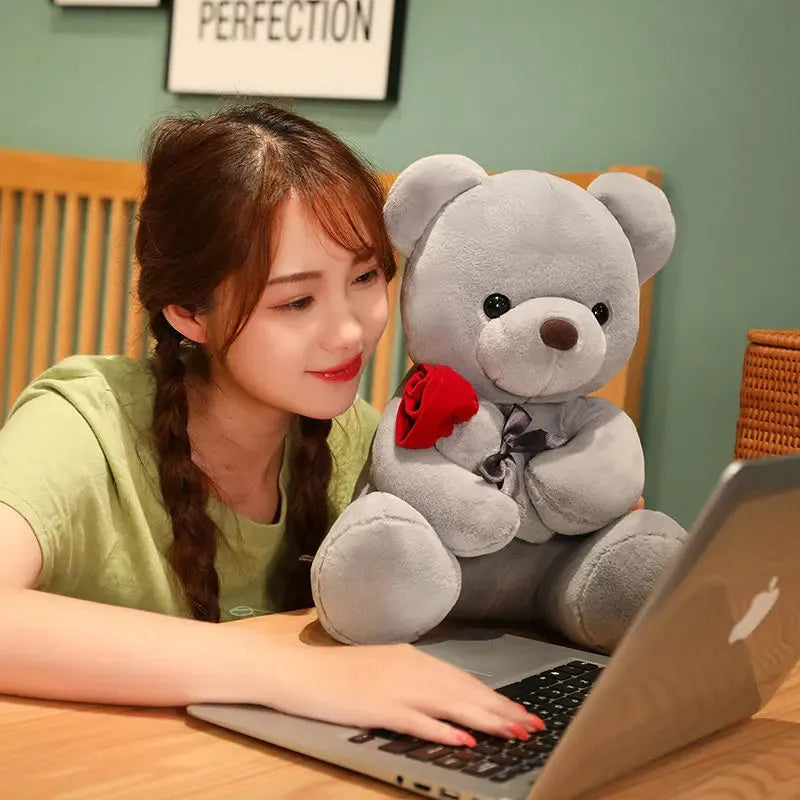 Soft plush rose bear teddy doll in beige, brown or grey colours with PP cotton stuffing