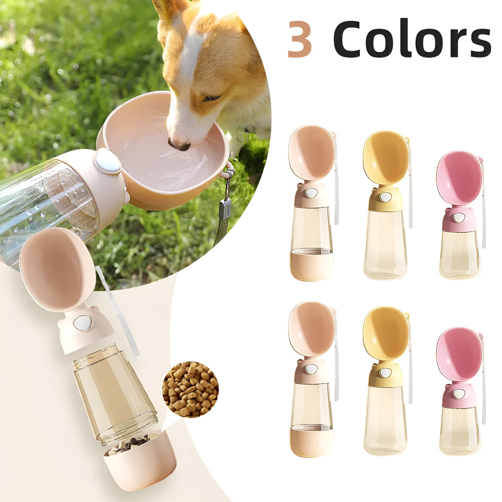 Portable dog water bottle with food storage compartment in yellow colour for outdoor travel