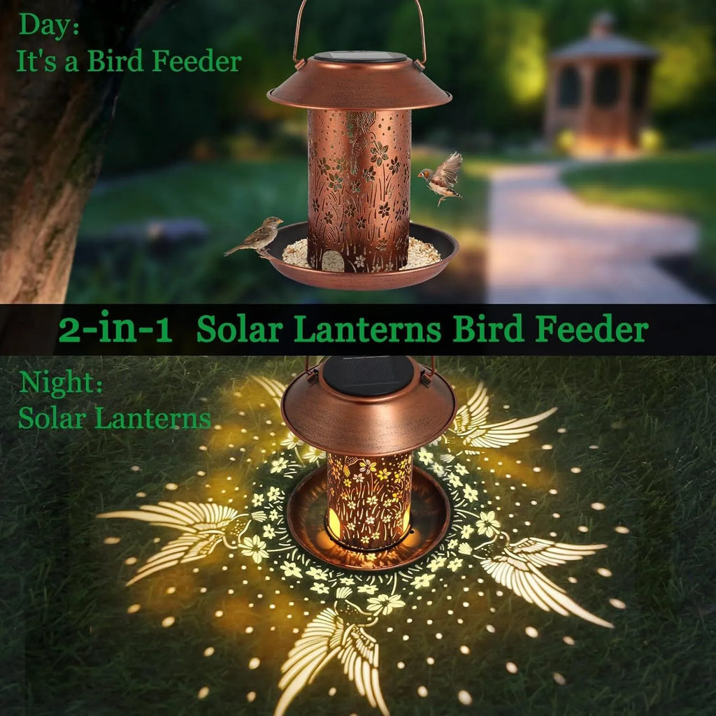 Solar-powered iron bird feeder lamp with hummingbird pattern for outdoor garden lighting and bird feeding