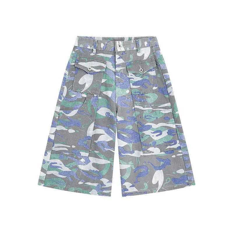 Camouflage pattern cotton denim cropped trousers with straight leg and zipper fly opening