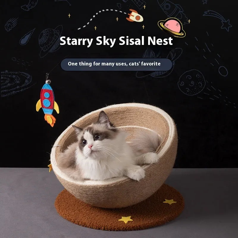 Large integrated cat scratching post and flannel bed in Starlight Sisal Nest colour