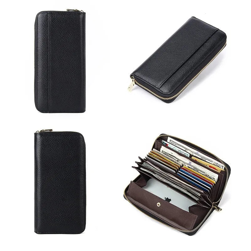 Long genuine leather women's wallet in a choice of solid colours, showing large capacity and anti-theft card swiping function.