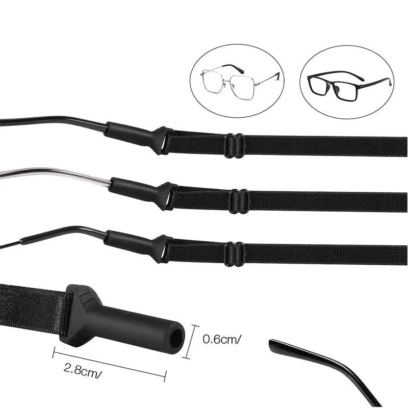 Black adjustable glasses cord with silicone earpiece attachments and fibre rope