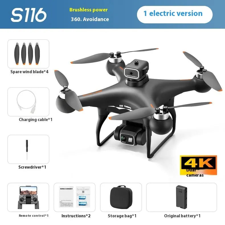 S116 black and white brushless quadcopter drones with four-propeller design and HD camera.