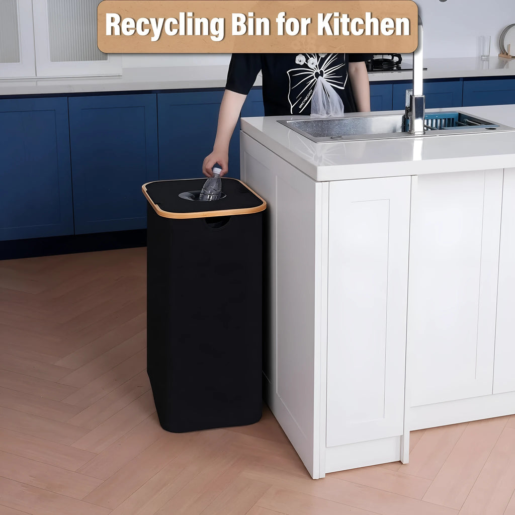 Black bamboo storage basket with removable lid and double inner pockets for home organisation