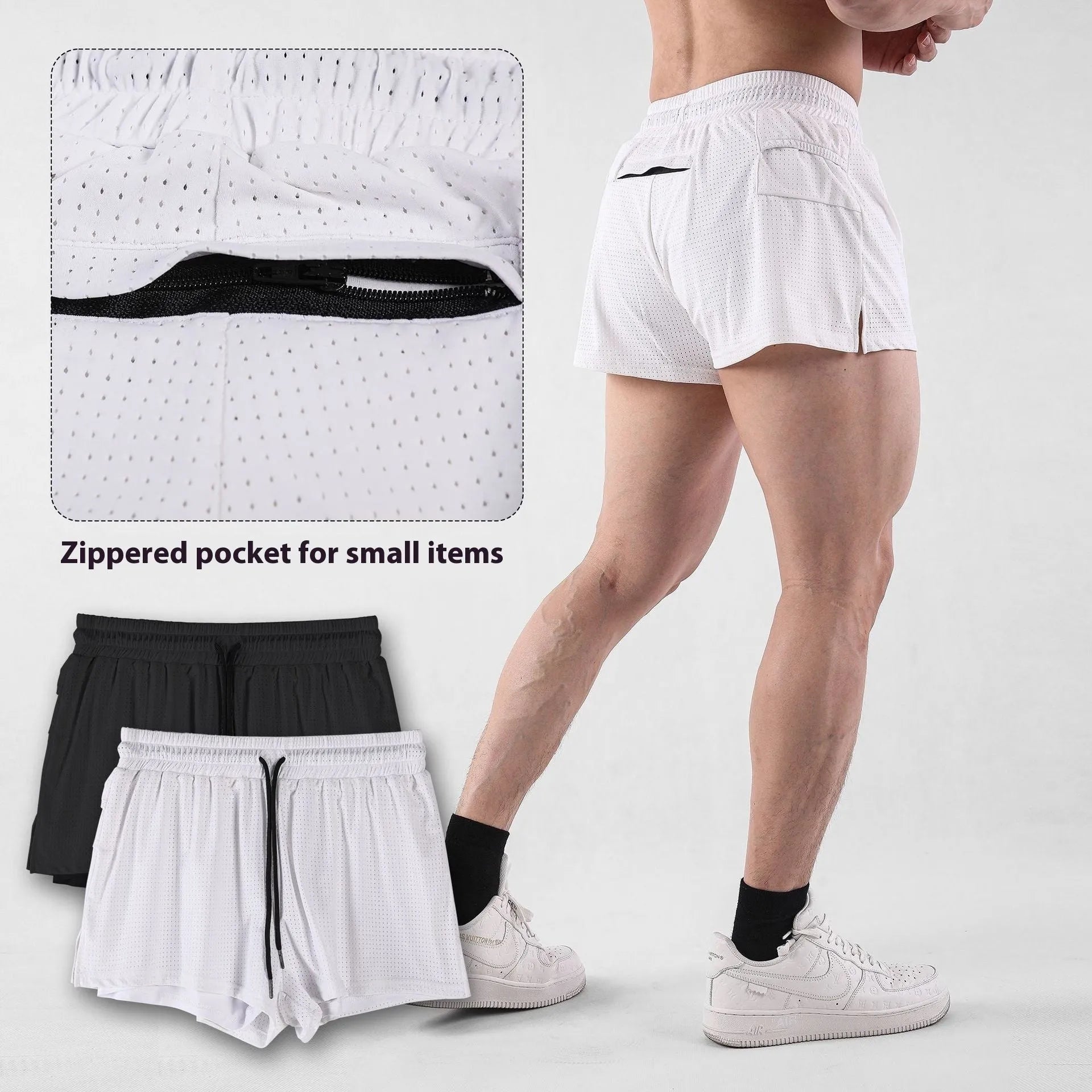 Men's quick-drying nylon summer shorts in black or white with mid-waist design