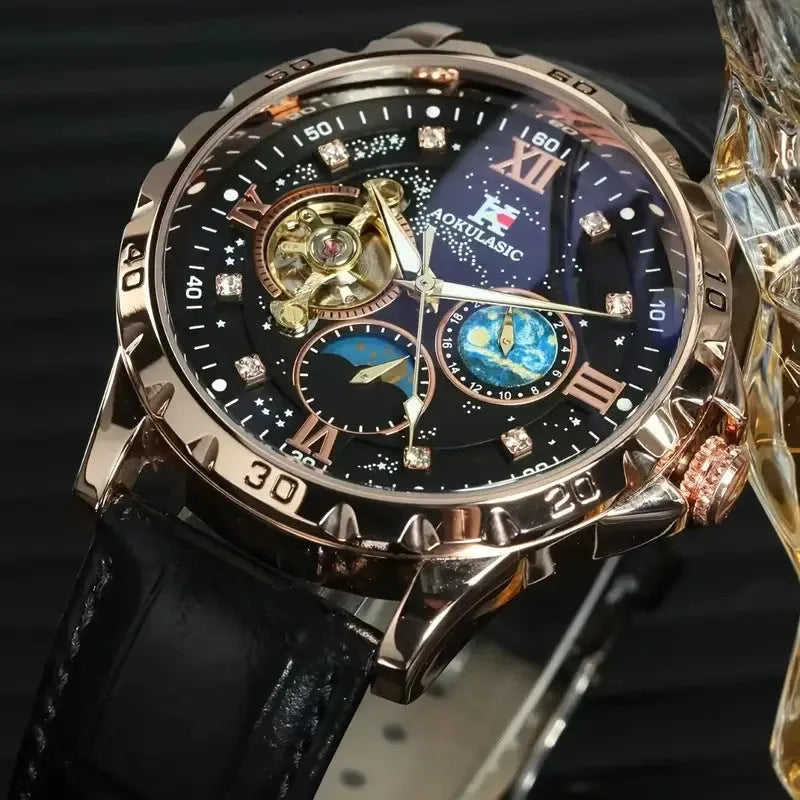 Men's automatic mechanical watch with black dial, rose gold shell, transparent case back and genuine leather strap