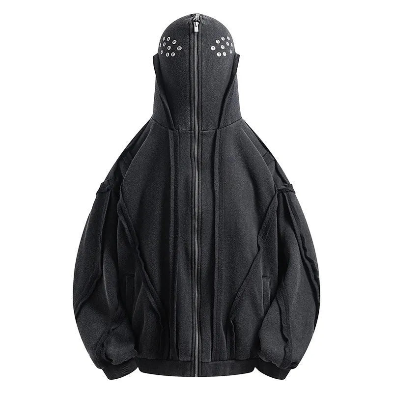 Black loose-fit cotton padded hooded coat with an abstract pattern, front zip, and cardigan style.