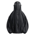 Black loose-fit cotton padded hooded coat with an abstract pattern, front zip, and cardigan style.