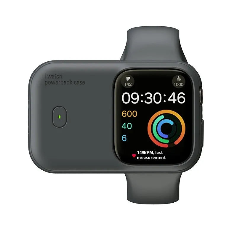 Apple Watch portable wireless charging case with silicone cover, shown next to 44mm watch