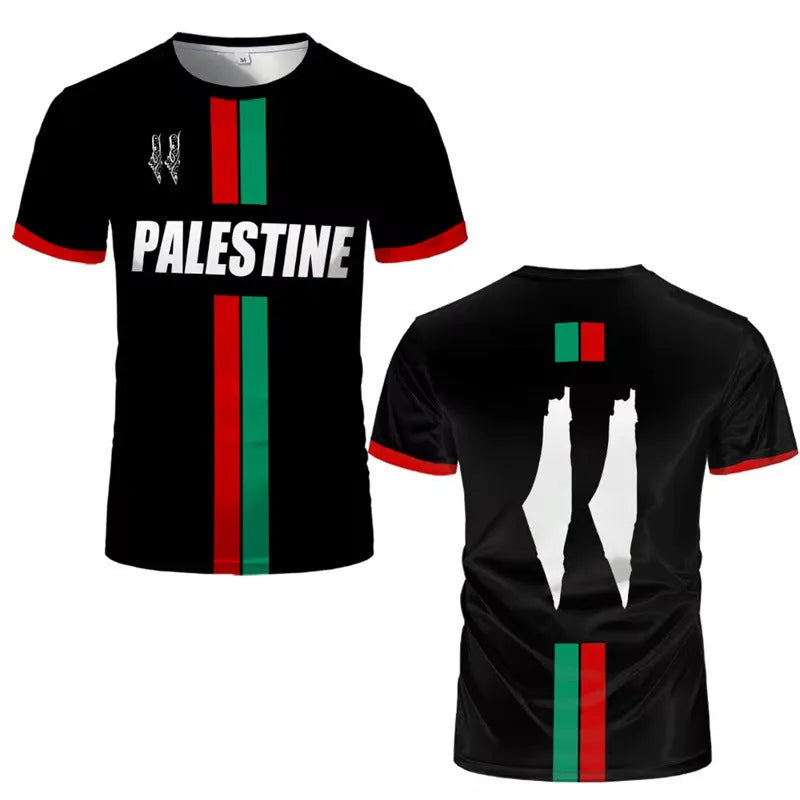 Black 3D printed football graphic on a men's short sleeve T-shirt showing textured pattern detail.
