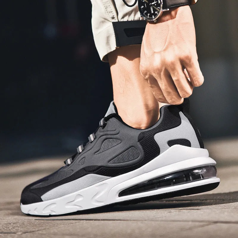 Breathable men's casual sports shoes with flying line upper and air cushion sole, low top design in Black grey colourway