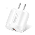 Universal travel phone charger with UK, US, and EU plug adapters in white ABS plastic