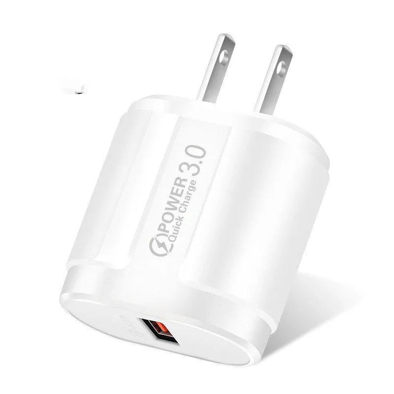 Universal travel phone charger with UK, US, and EU plug adapters in white ABS plastic