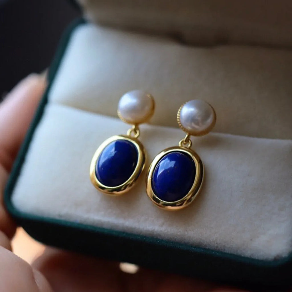 Pair of lapis lazuli pearl earrings in 925 silver setting with auspicious patterns