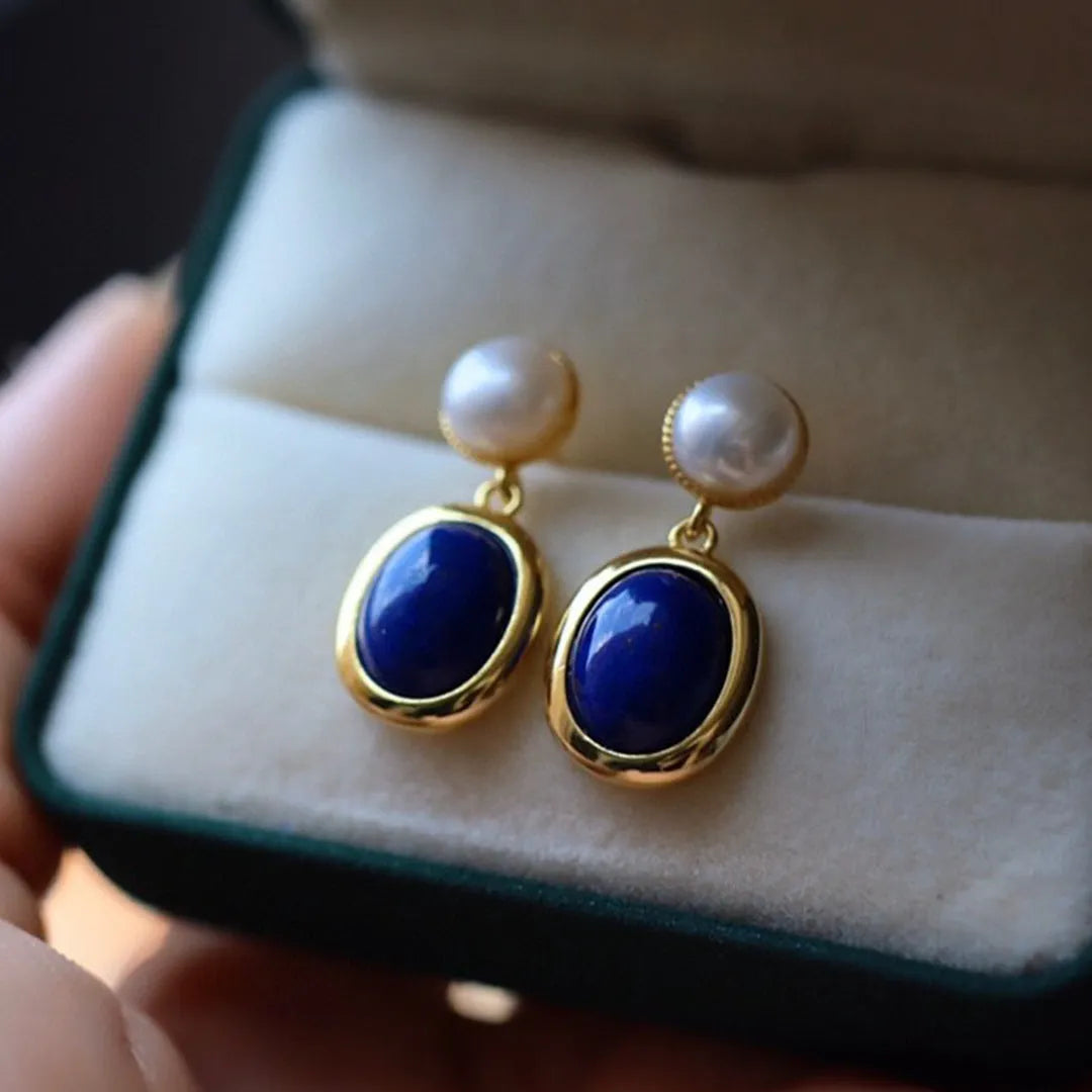 Pair of lapis lazuli pearl earrings in 925 silver setting with auspicious patterns