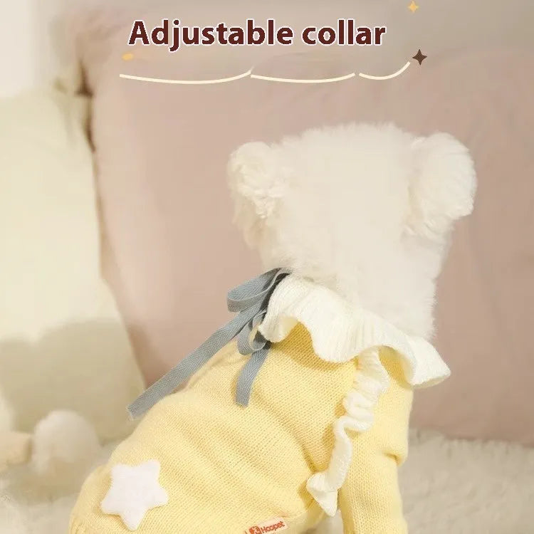 Autumn pet puppy sweater in acrylic knit, Fairy Dress style, on small dog