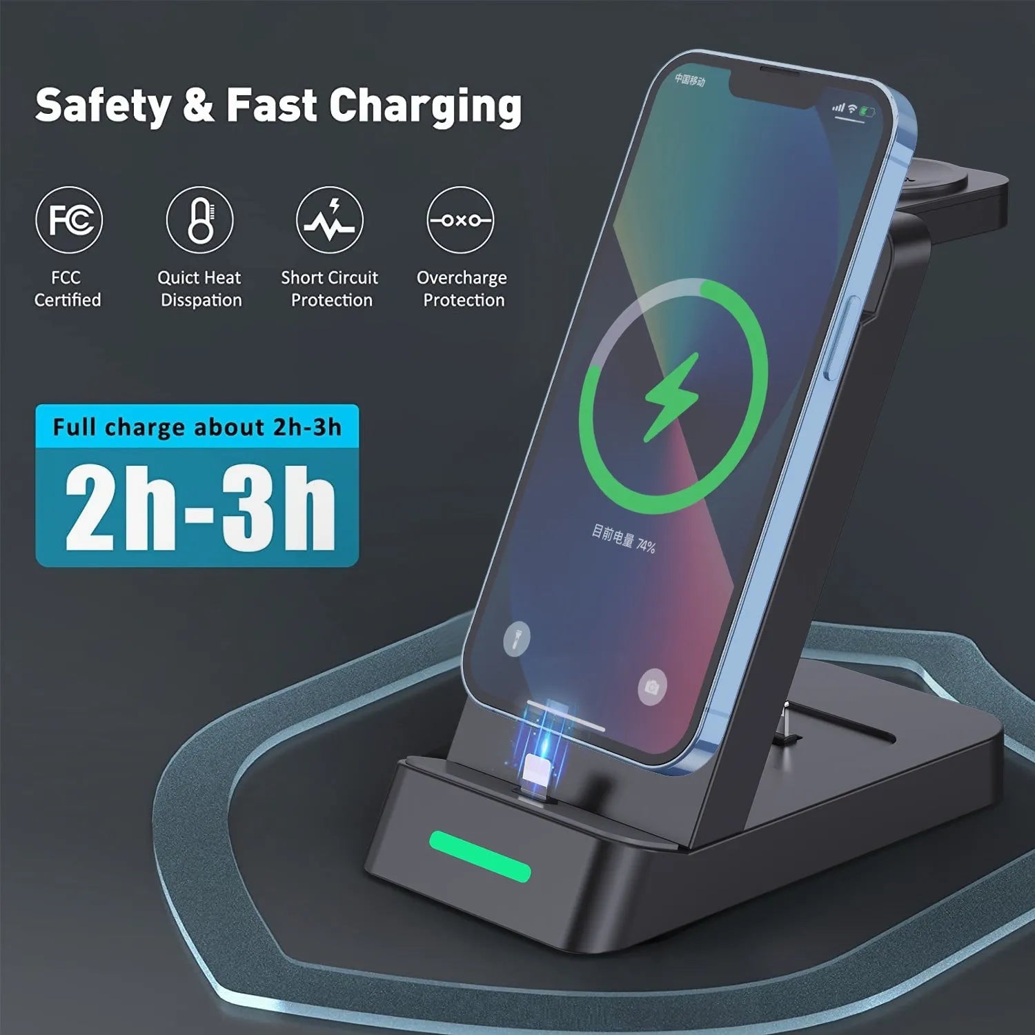 Black 3-in-1 wireless charging station showing phone on stand, with watch and AirPods charging on the base.