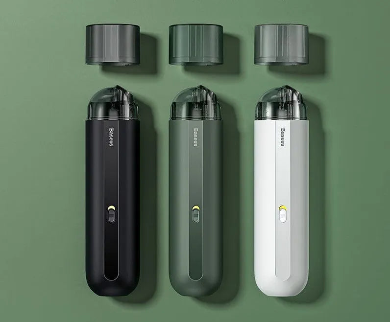 Baseus handheld cordless car vacuum cleaner in black, white, or green with suction and blow functions.
