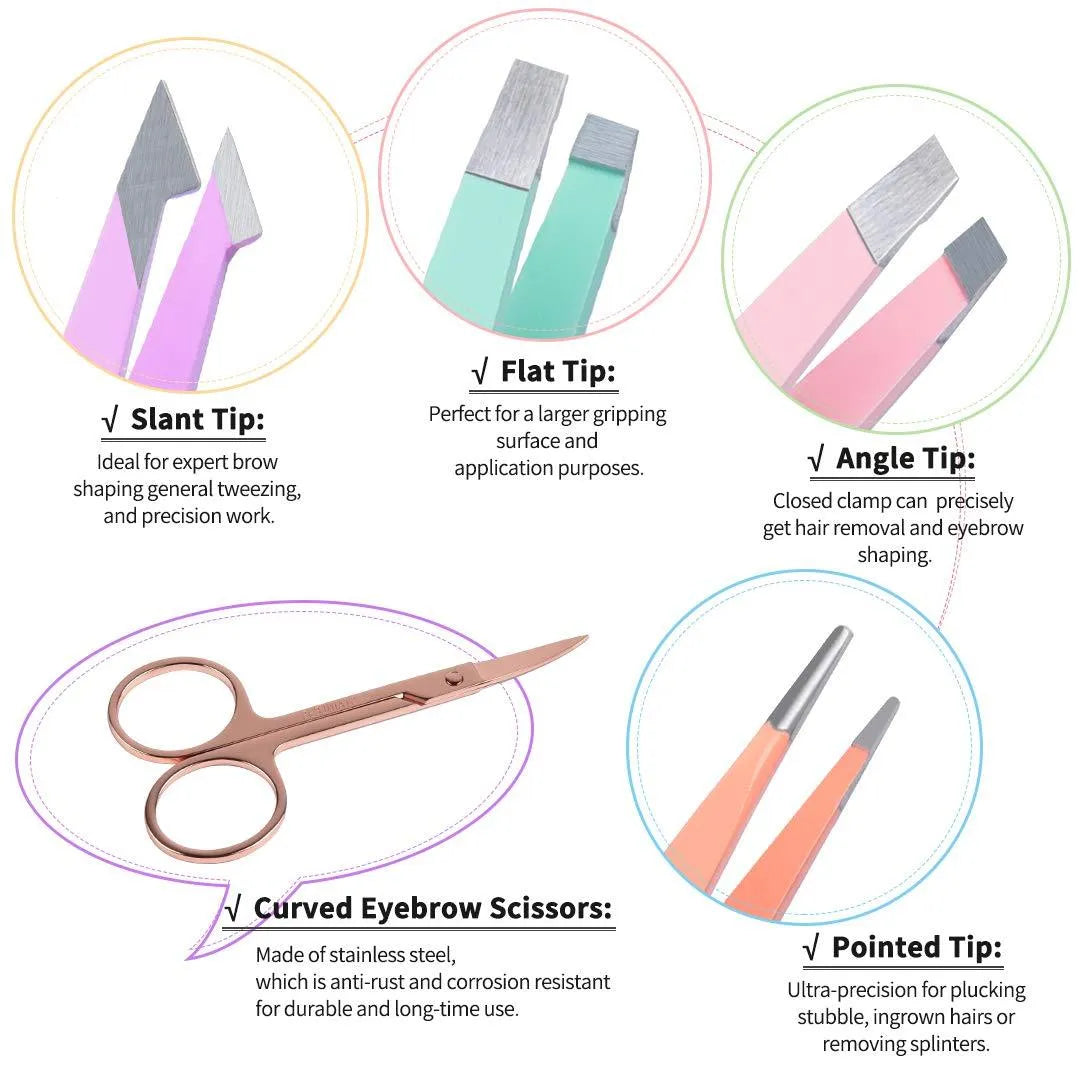 6-piece professional eyebrow tweezer set with stainless steel tools and leather case