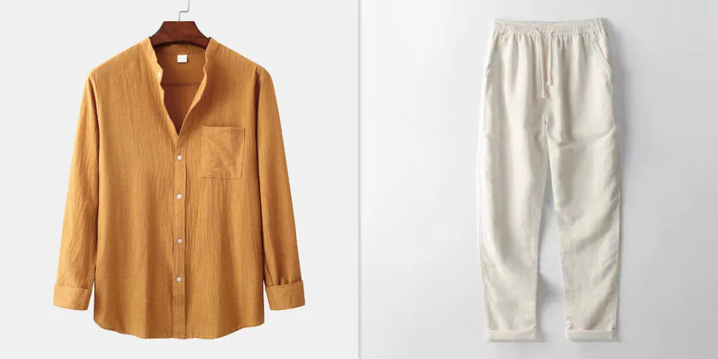 Men's slim solid brown long sleeve shirt and matching casual pants set on display