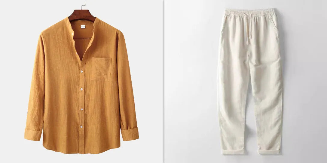 Men's slim solid brown long sleeve shirt and matching casual pants set on display
