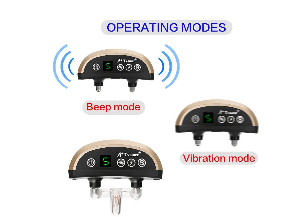 Digital dog training collar with adjustable strap showing display screen, in black, gold, or silver.