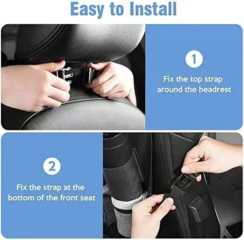 Black oxford cloth car seat back storage organiser bag hanging over a car seat.