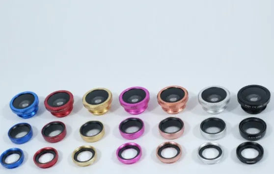 Three-in-one mobile phone camera lens kit with 180-degree wide-angle fisheye 0.67x and macro lenses in black