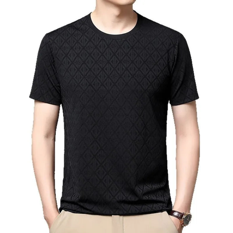 Men's black ice silk short sleeve t-shirt with round neck and loose fit casual design