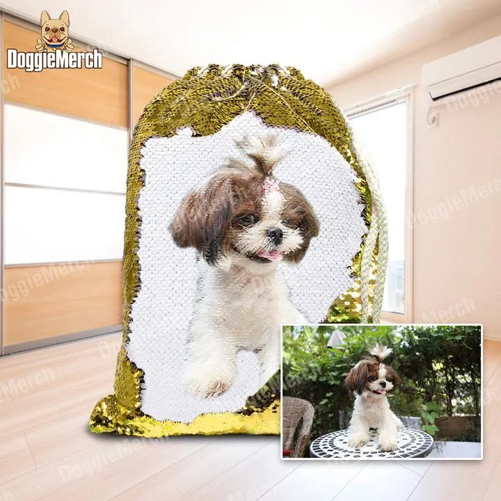 Custom pet photo backpack with sequins in purple, gold, silver, or yellow, drawstring opening, 34x45 cm