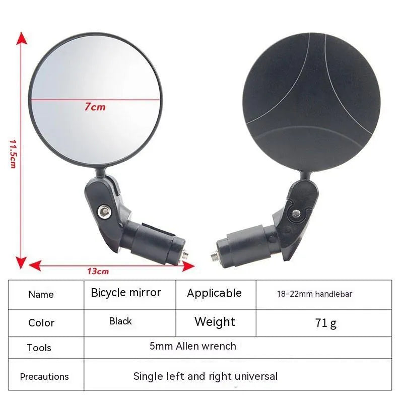 Black ABS convex rearview mirror showing 7cm diameter lens and adjustable mount.