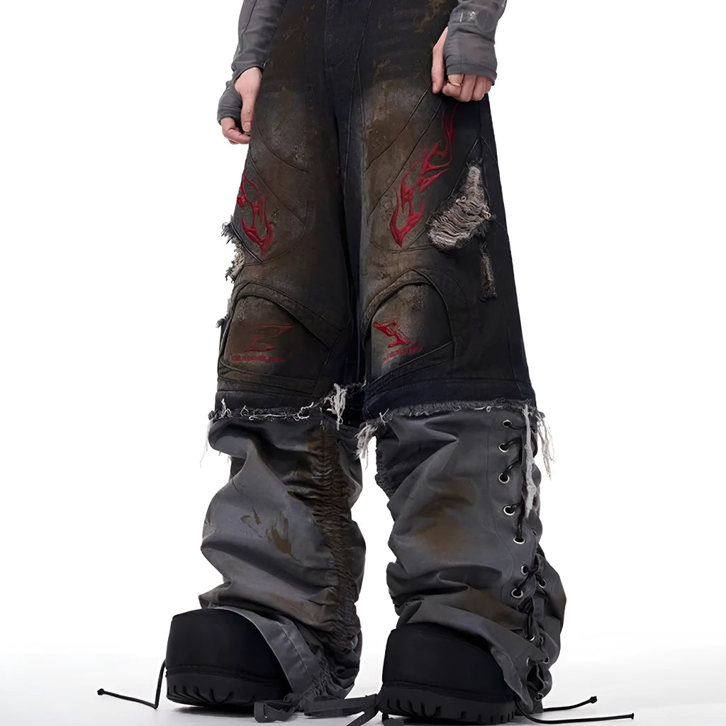 Men's light blue retro jeans with detachable legs showing wide loose fit and mid-high waist