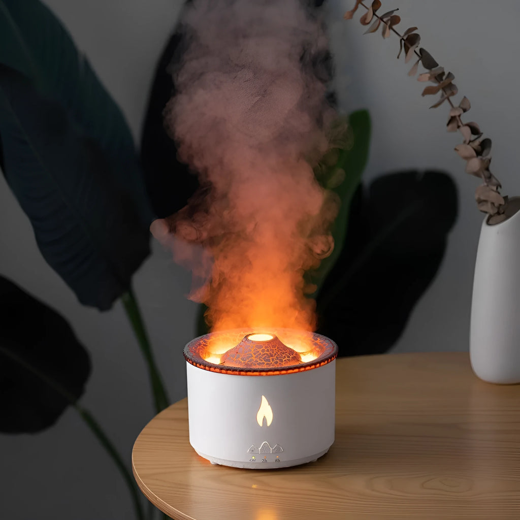 New two-color spray ring volcano humidifier in white, plastic construction, single fog outlet, timer function